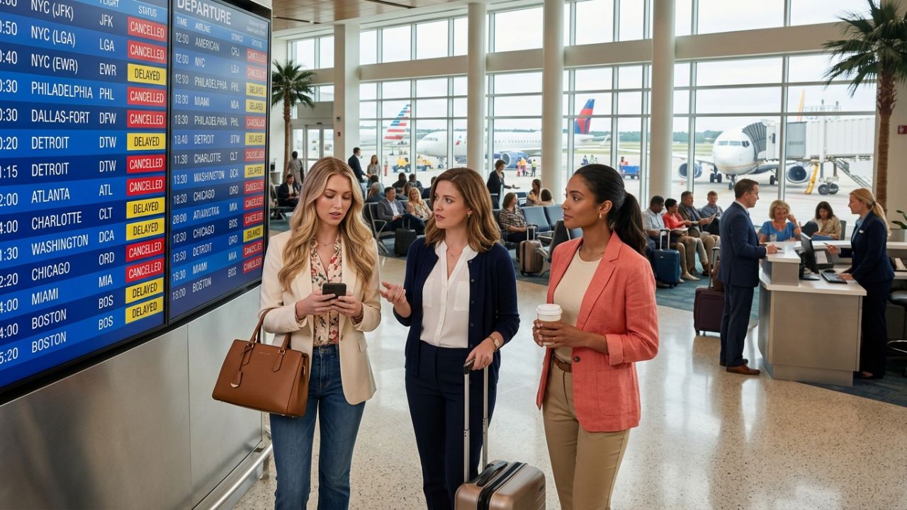 A highly dramatic conceptual image showing stranded passengers at a crowded Charleston airport departure hall under an orange-lit departure board, representing severe travel chaos and massive flight cancellations.