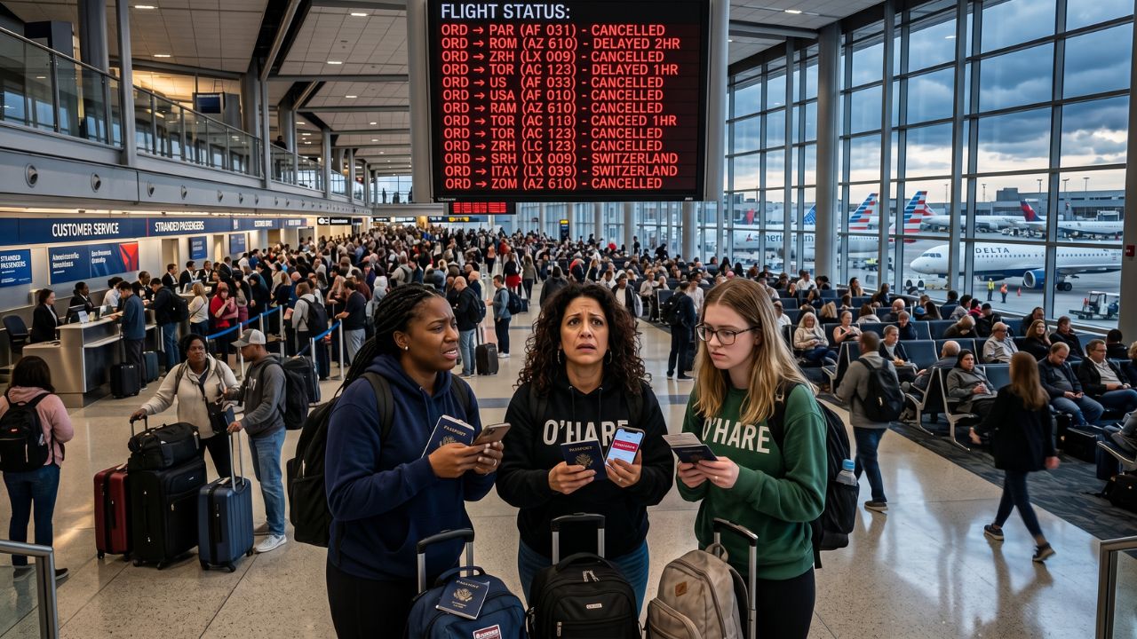 Thousands of furious passengers trapped among massive travel chaos and delayed flight boards inside a gridlocked Chicago O'Hare International Airport terminal
