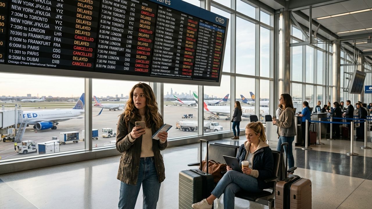 A highly congested, totally gridlocked terminal at Chicago O'Hare International Airport filled with stranded global passengers, symbolizing the massive travel chaos and severe flight cancellations actively crushing the international aviation network.