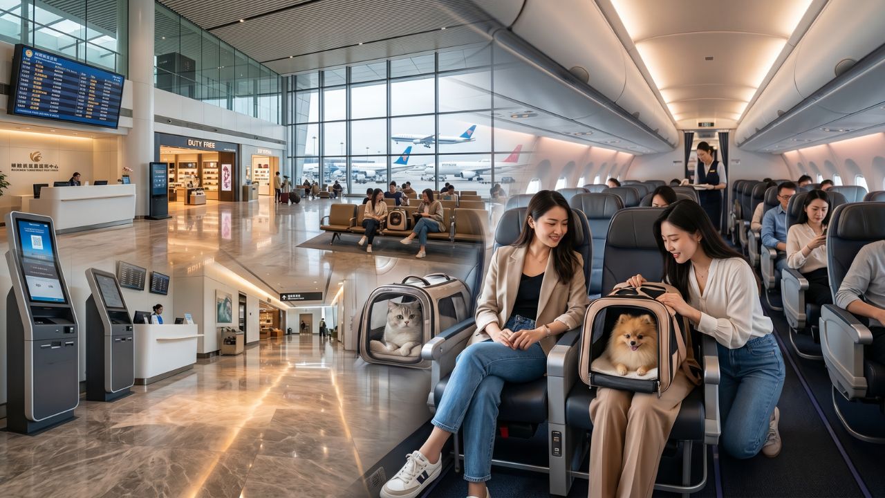 A small family dog resting safely in an occupied cabin seat on a Chinese airline, successfully bypassing the travel chaos of checked cargo holds