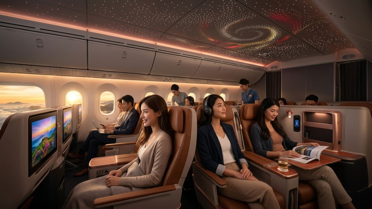 A highly dramatic scene capturing China Airlines deploying an advanced Boeing 787 Premium Economy cabin to insulate passengers against global travel chaos