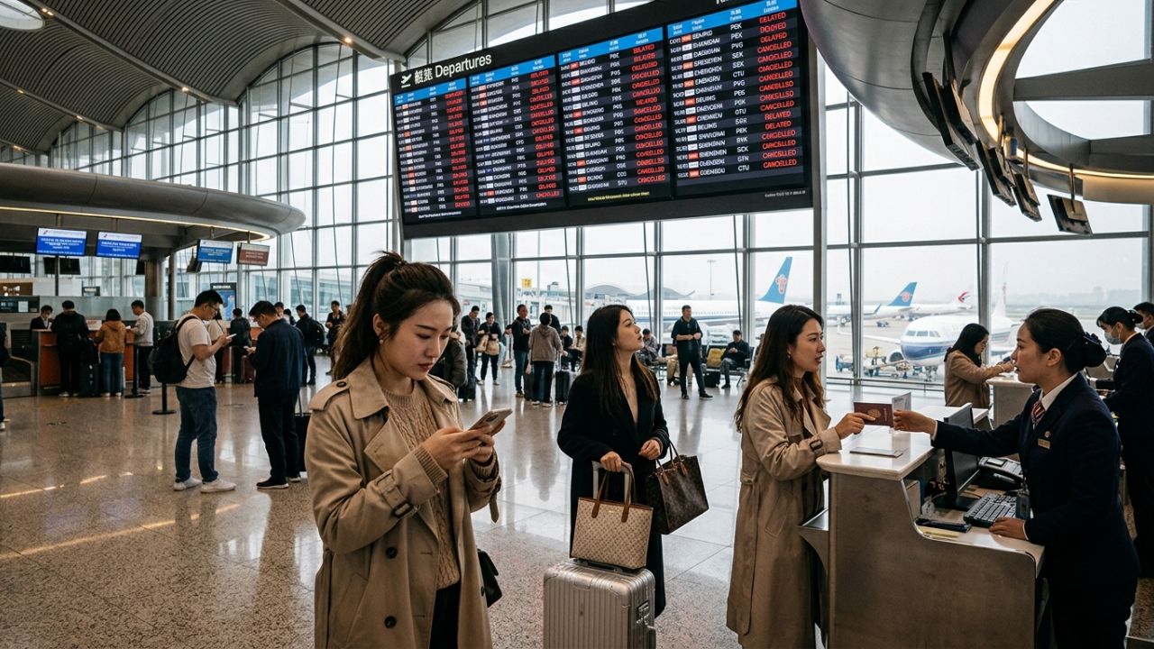 A completely gridlocked airport terminal in China showing thousands of stranded passengers amidst a massive wave of flight cancellations and severe travel chaos.