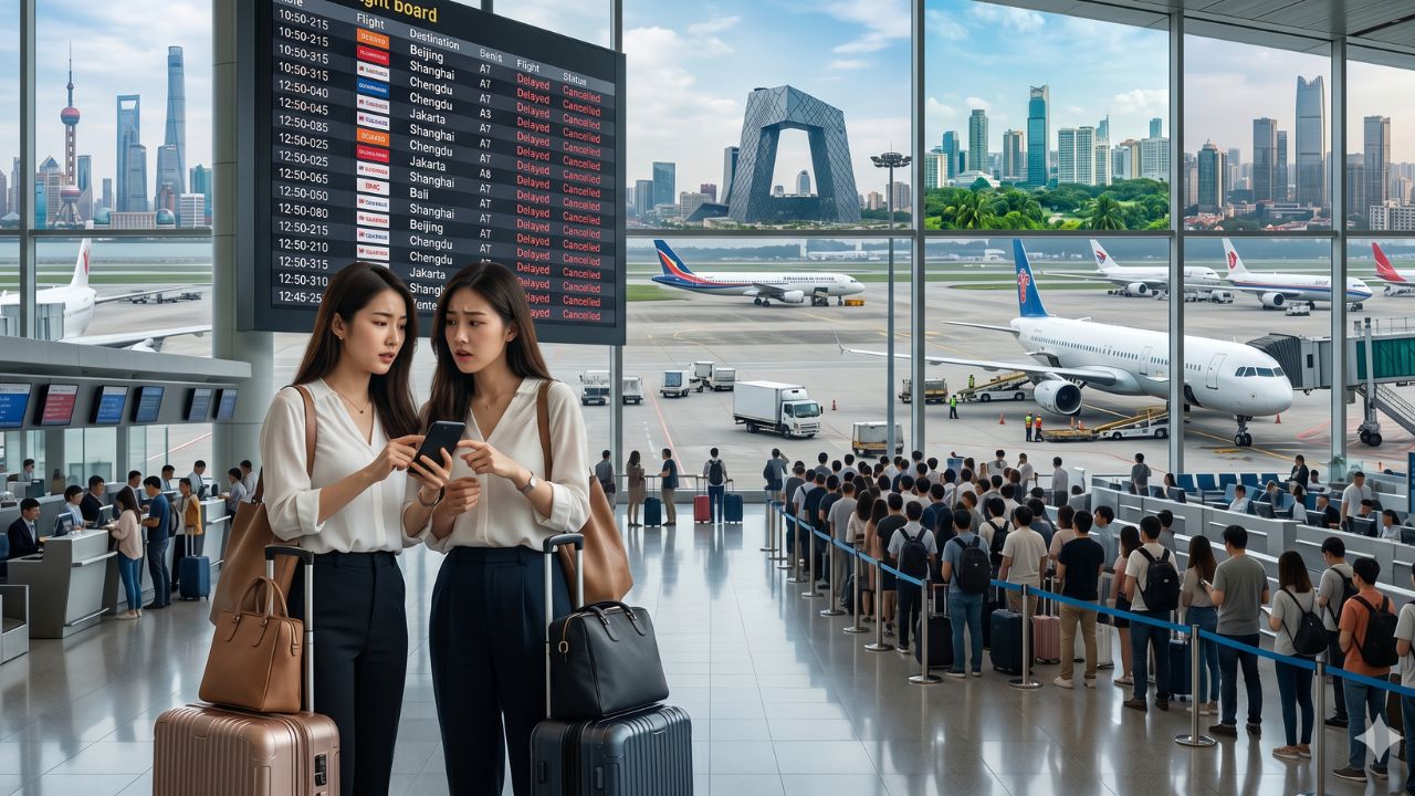 A highly dramatic scene capturing the massive Asian aviation disruption, specifically designed to bypass terrifying international travel chaos and severe global airport disruptions