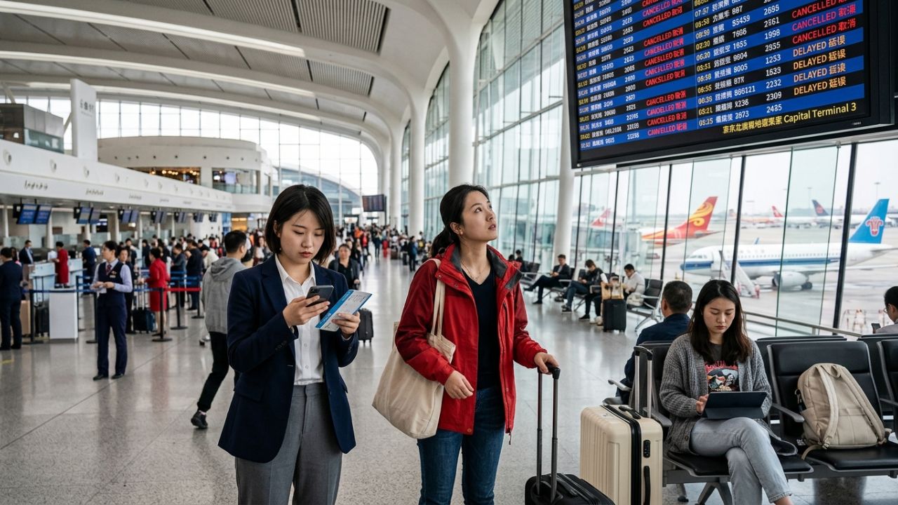 A highly dramatic scene capturing massive passenger frustration as sudden flight cancellations violently paralyze major Chinese airports, causing extreme travel chaos for Air China and China Eastern travelers