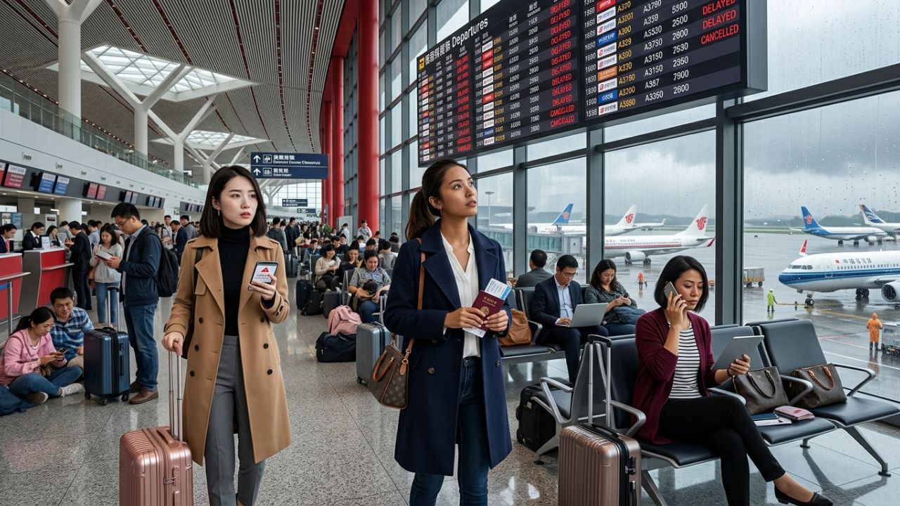 A massive sea of stranded passengers desperately checking the glowing departure boards at Beijing Capital International Airport amidst severe travel chaos and flight cancellations affecting Air China