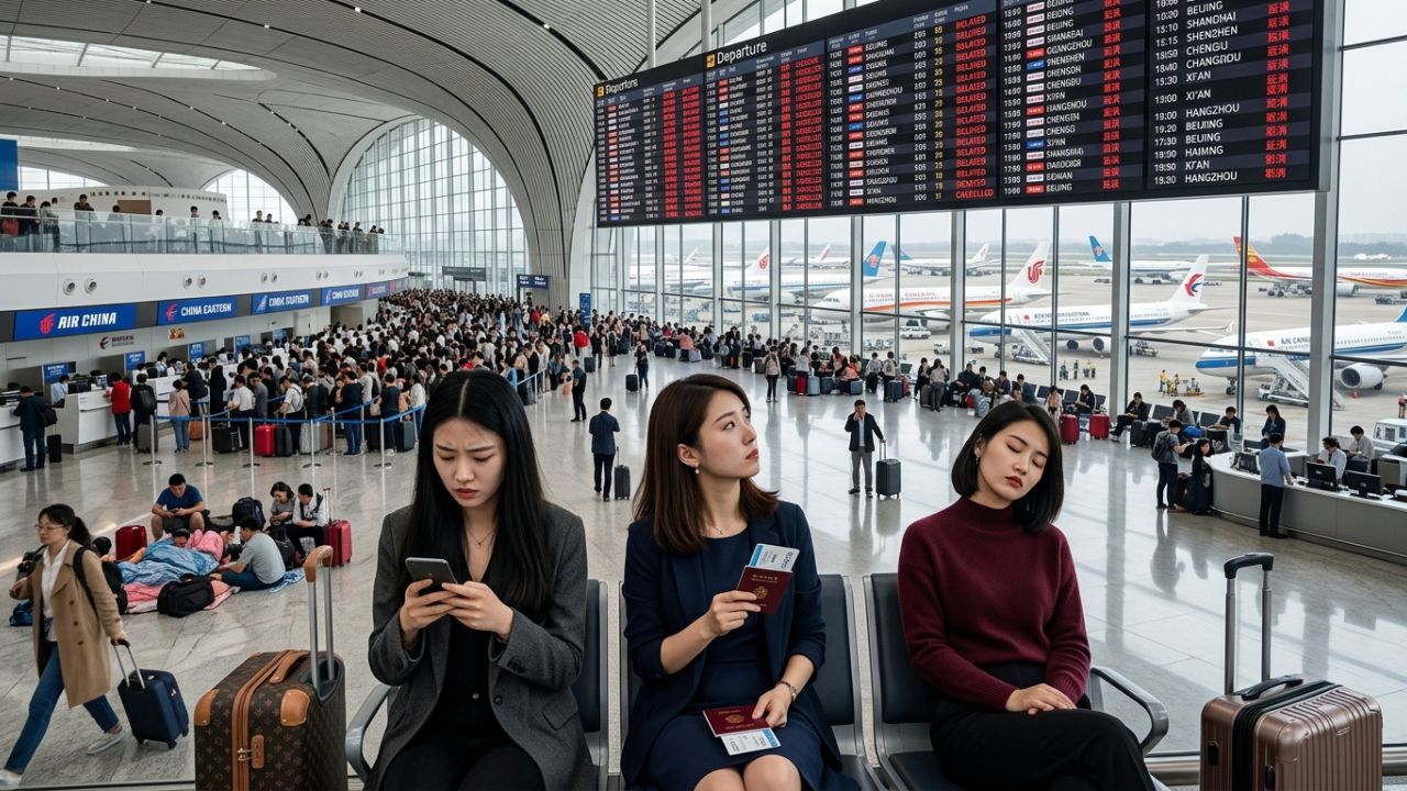 A highly congested departure terminal at Shenzhen Bao'an International Airport, where severe nationwide travel chaos and 138 unexpected flight cancellations have stranded thousands of passengers