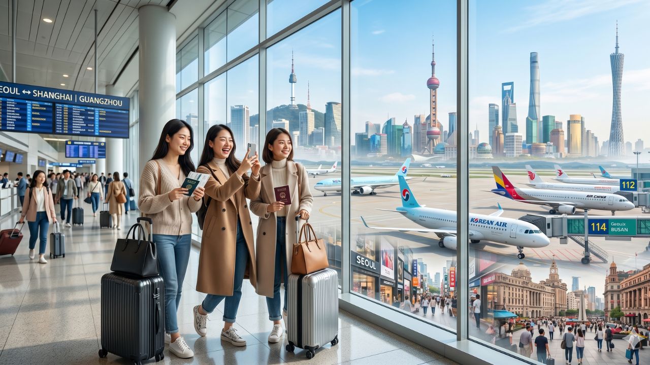 A highly dramatic scene capturing the massive China-South Korea aviation expansion, specifically designed to bypass terrifying international travel chaos and severe global airport disruptions