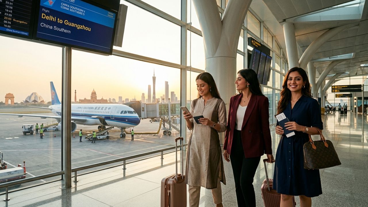 A highly dramatic scene capturing massive passenger relief as China Southern Airlines aggressively deploys its Boeing 737-8 fleet on the Delhi to Guangzhou route, violently shielding travelers from terrifying flight cancellations and regional airport disruptions