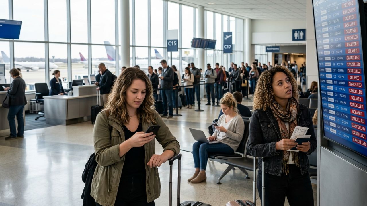 A highly congested departure board at Cleveland-Hopkins International Airport displaying massive flight cancellations and delays, capturing the severe travel chaos impacting the US aviation network.