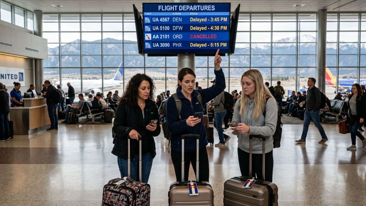 Exhausted passengers trapped among massive travel chaos and delayed flight boards inside a gridlocked Colorado Springs Municipal Airport terminal
