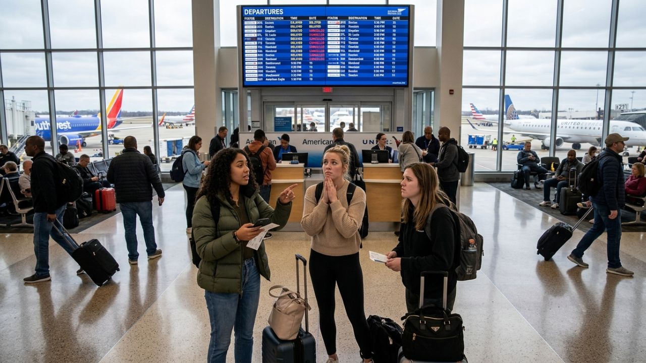 A highly congested departures terminal at John Glenn Columbus International Airport during massive travel chaos and flight cancellations