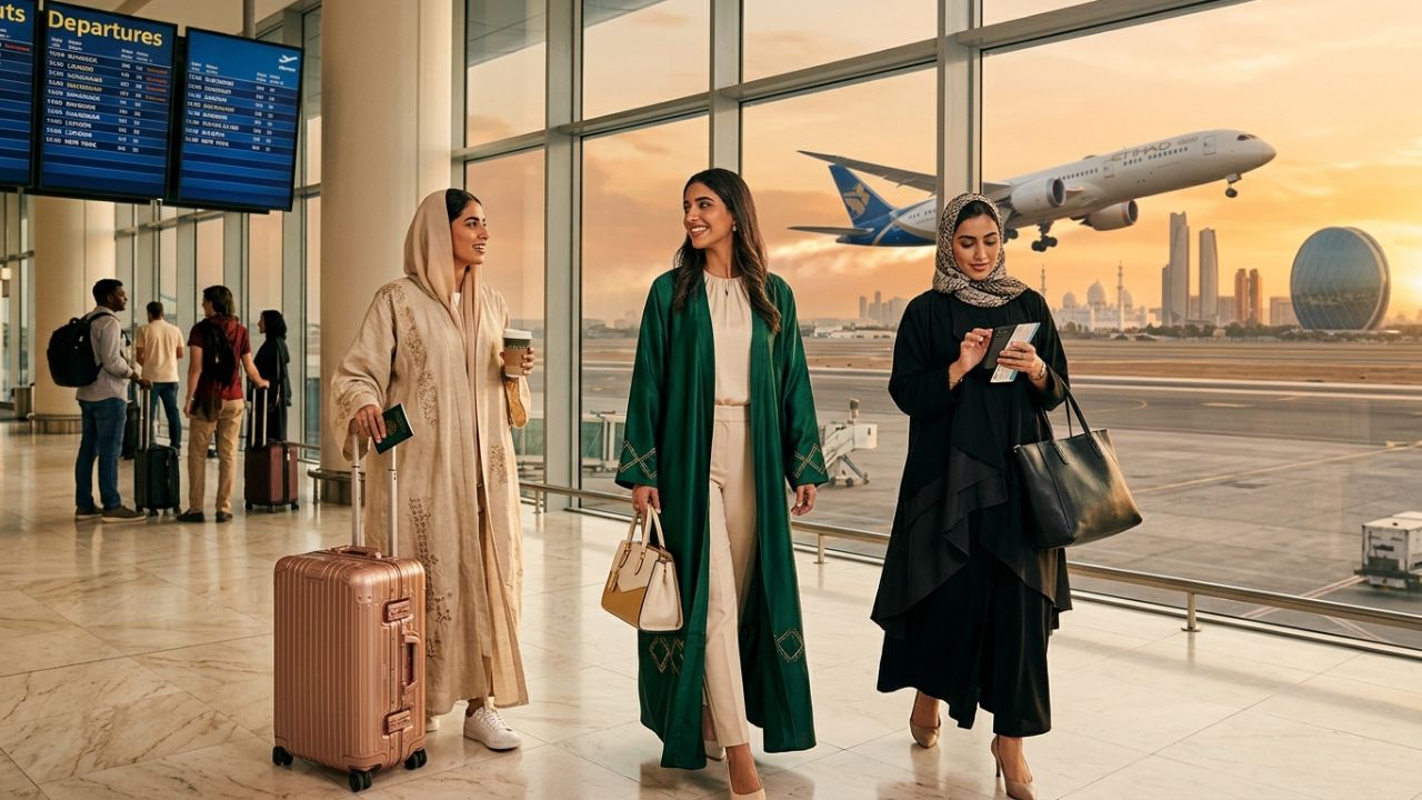 A highly dramatic scene capturing a Condor passenger jet flying over a massive, hyper-modern Abu Dhabi transit fortress, representing a massive strategic aviation shift designed to help travelers escape severe global travel chaos