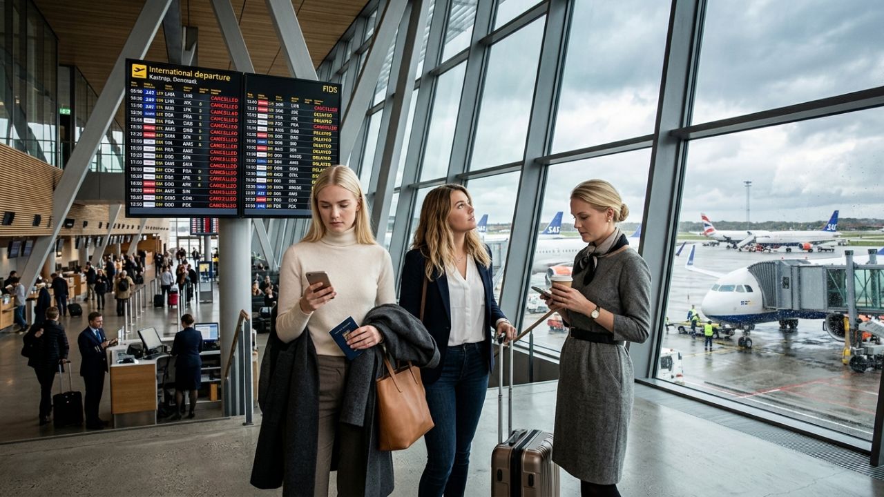 A highly dramatic conceptual image showing massive crowds of stranded passengers and grounded SAS aircraft at Copenhagen Airport, representing severe flight cancellations and travel chaos.