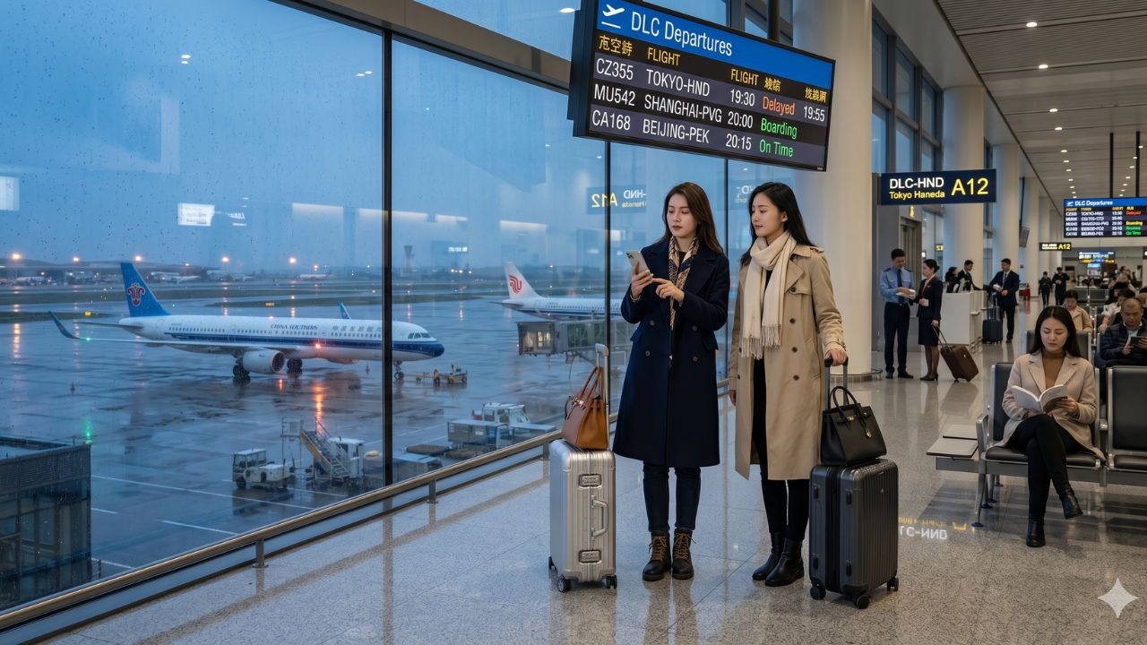 A scene at Dalian Zhoushuizi International Airport showing passengers navigating sudden flight delays and minor travel chaos across vital routes to Tokyo and Shanghai