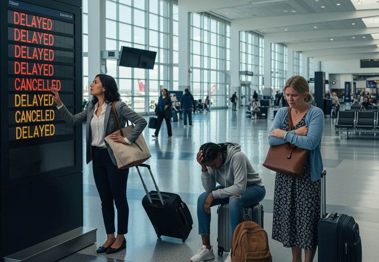 Dallas-Fort Worth International Airport terminal during flight disruptions with departure boards showing cancellations and delays