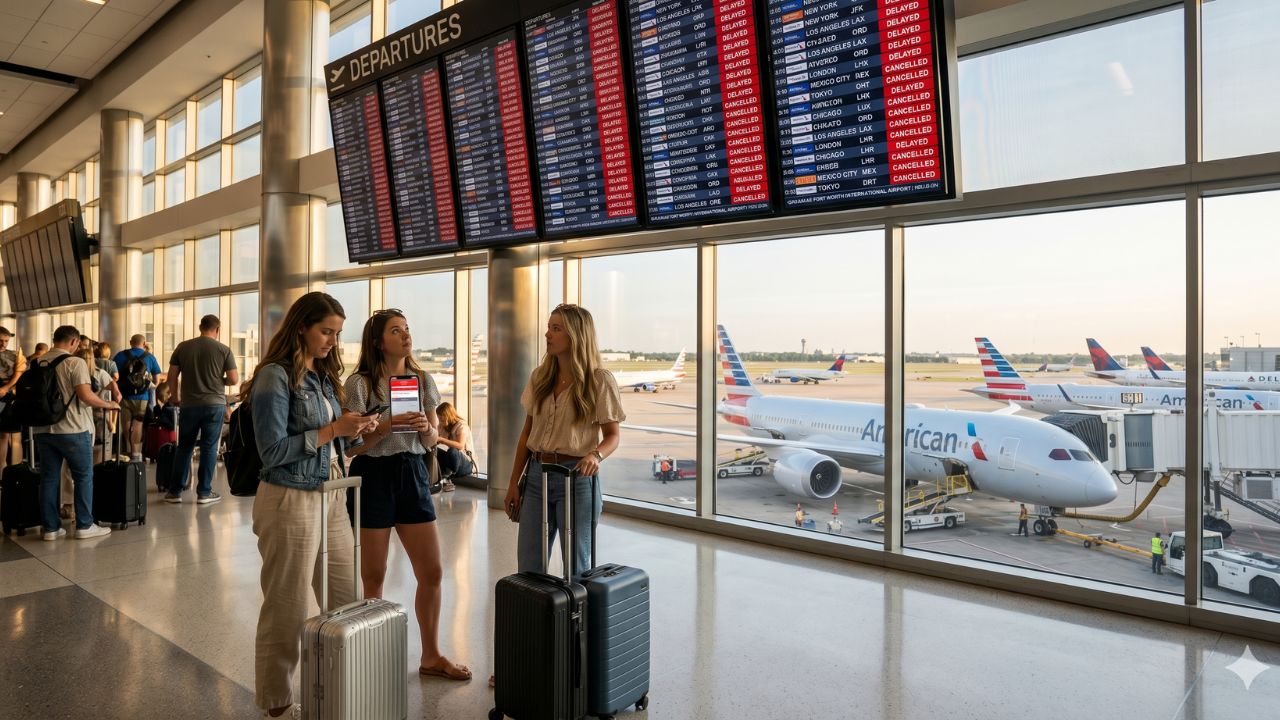A highly dramatic scene capturing the massive Dallas flight disruptions, specifically focusing on the terrifying international travel chaos and severe terminal gridlock across Dallas-Fort Worth International Airport