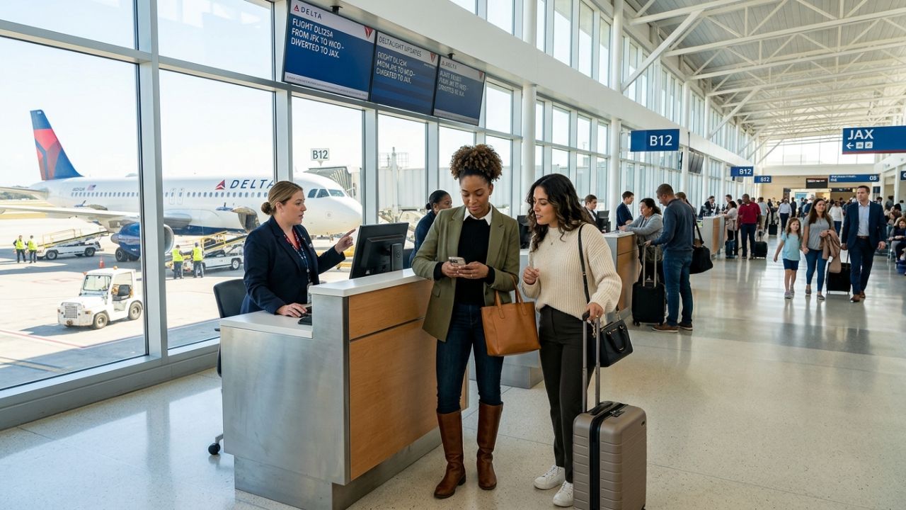 A Delta Air Lines Airbus A321neo grounded at Jacksonville International Airport following an unscheduled mid-air diversion
