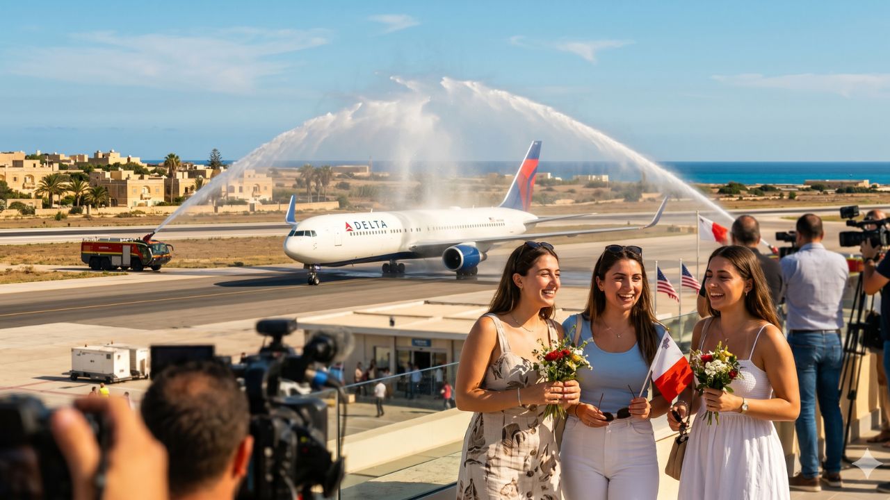 A highly dramatic scene capturing the massive Delta Air Lines route expansion to Malta, specifically designed to bypass terrifying international travel chaos and severe European terminal gridlock
