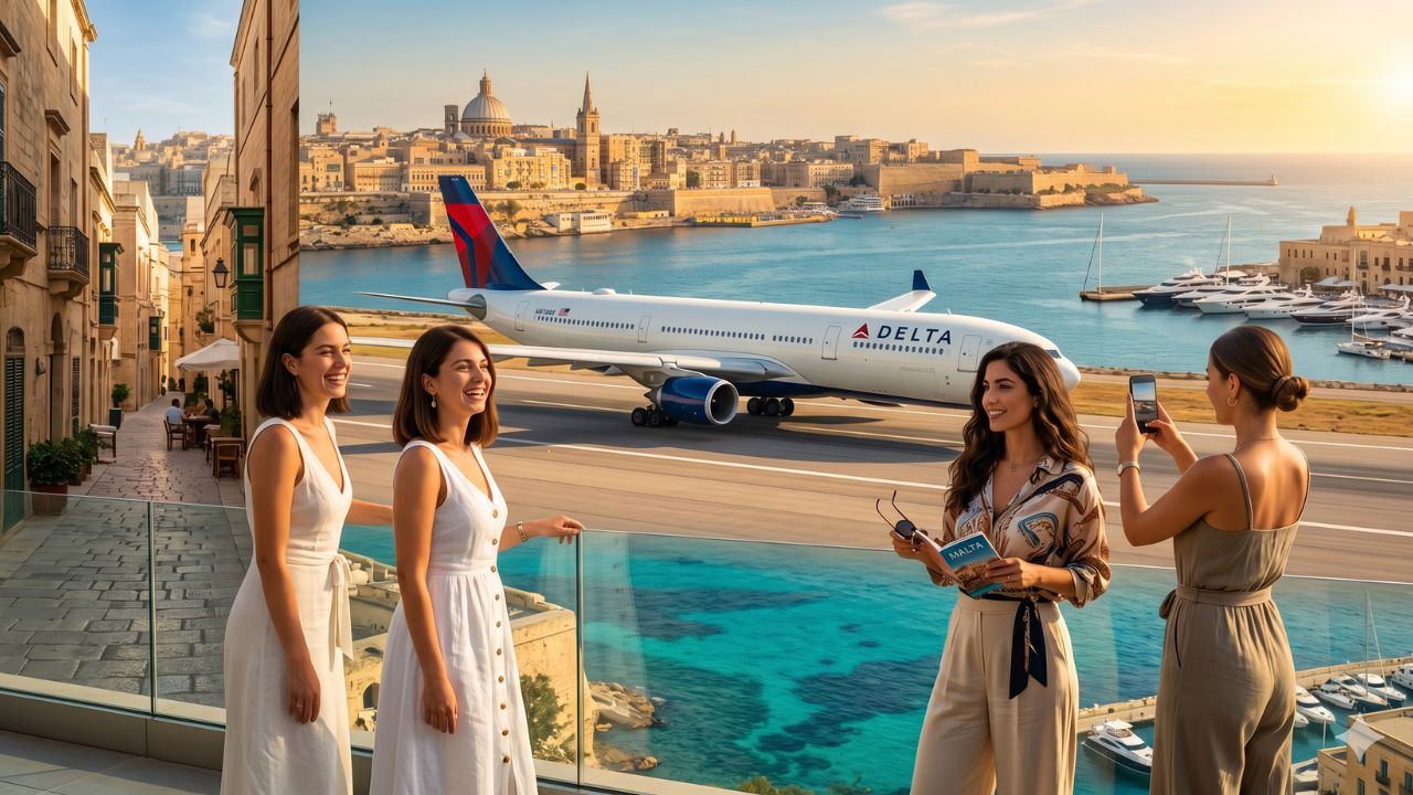 A highly dramatic scene capturing massive passenger congestion and severe travel chaos as Delta Air Lines deploys its historic nonstop flight from New York JFK to Malta