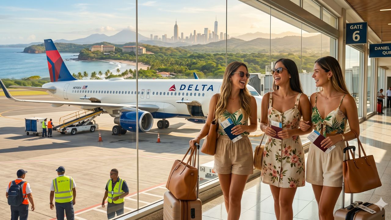 A highly dramatic scene capturing the massive Delta Air Lines Costa Rica route launch, specifically designed to bypass terrifying international travel chaos and severe global airport disruptions