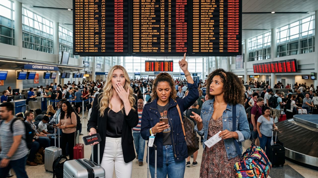 A massive, heavily congested Delta Air Lines terminal in Atlanta, showcasing the extreme travel chaos and flight cancellations stranding thousands of global passengers