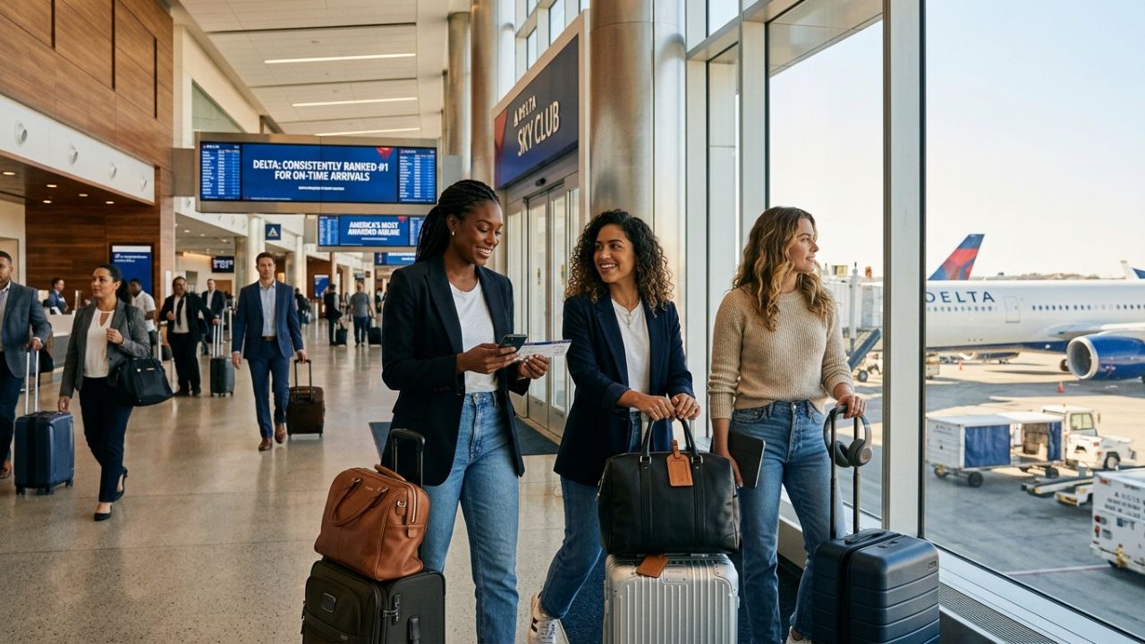 A highly dramatic scene capturing Delta Air Lines aviation authorities aggressively executing massive operational defenses to secure the No. 1 U.S. ranking and combat severe international travel chaos