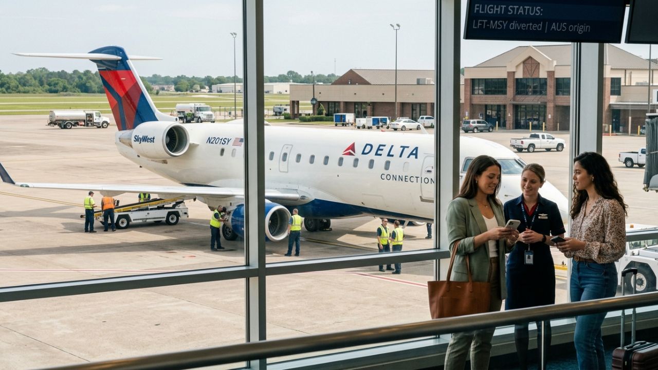 A SkyWest operated Delta Connection Embraer E175LR safely grounded at Lafayette Regional Airport following an urgent mid-flight diversion from its New Orleans route