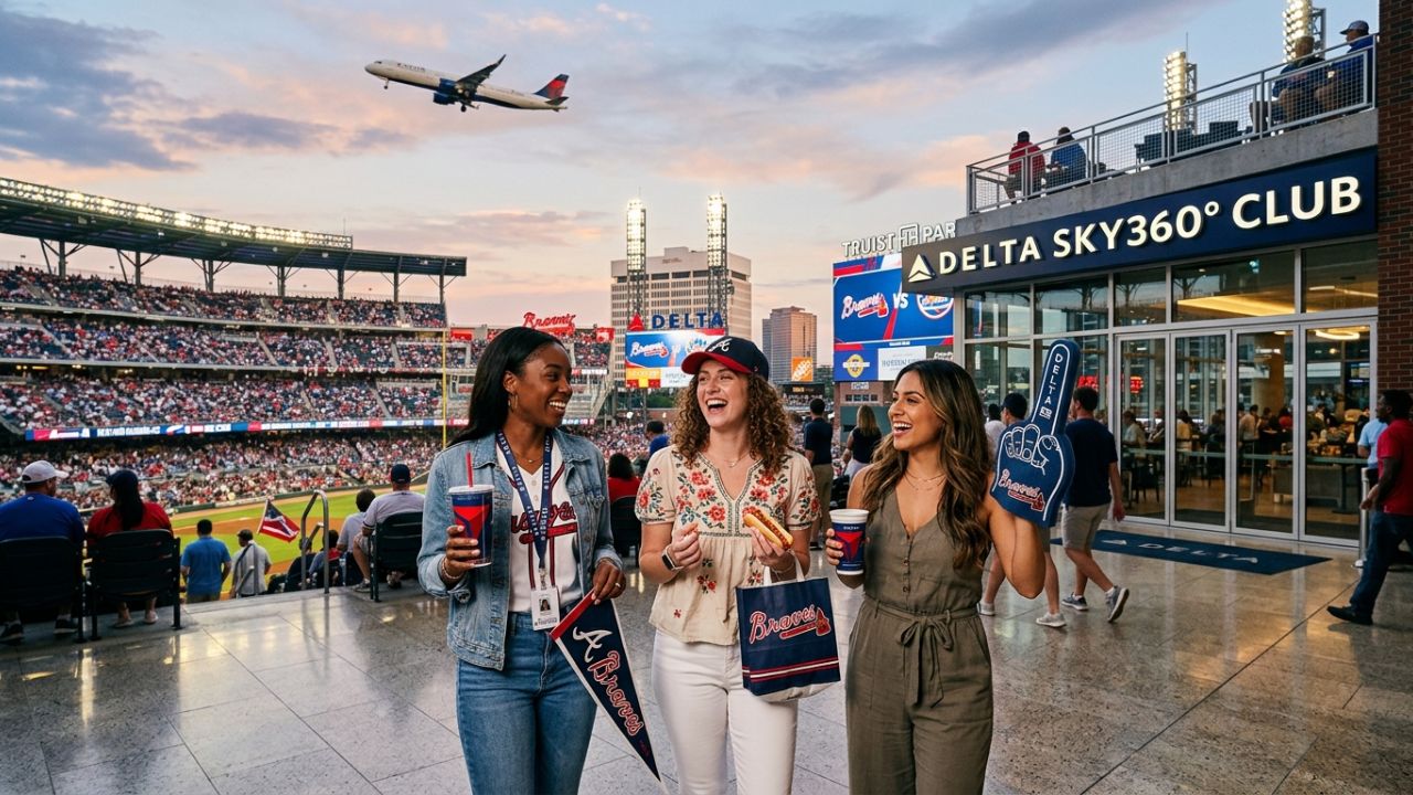 Truist Park featuring the Delta Air Lines tailfin structure, symbolizing the massive aviation-sports loyalty shield against travel chaos