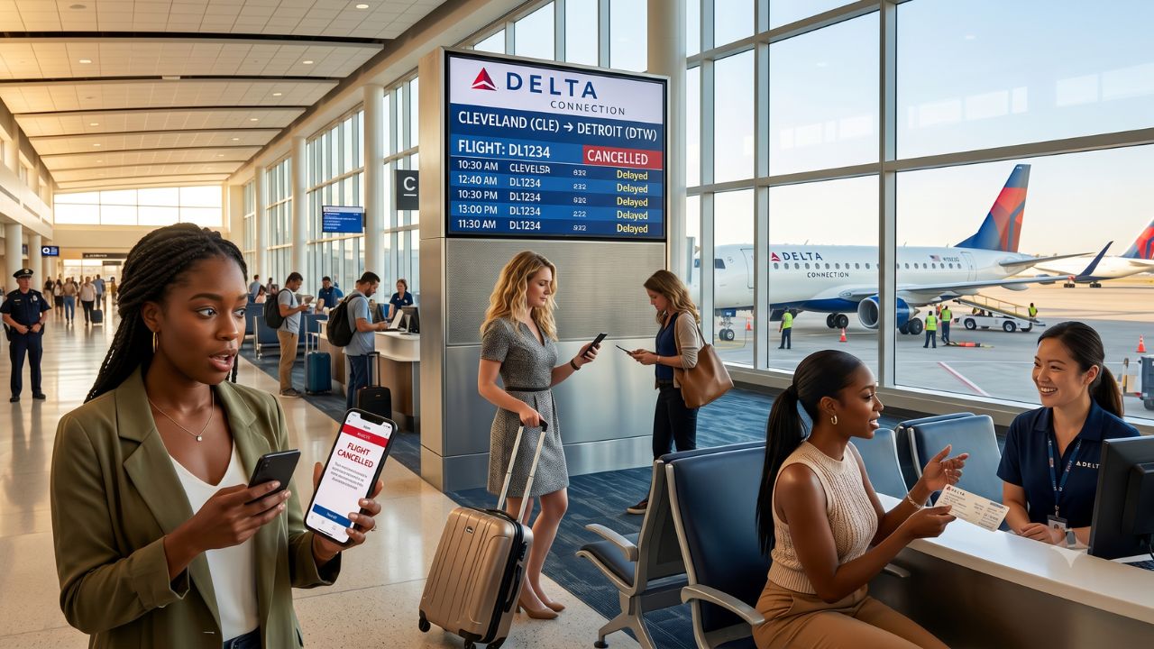 A highly dramatic scene capturing massive passenger confusion and severe travel chaos as police forcefully intervene following a violent flight attendant assault on a Delta aircraft in Cleveland