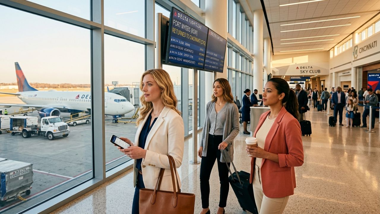 A highly dramatic conceptual image showing a grounded Delta Air Lines Boeing 737 at a crowded airport terminal, representing severe travel chaos, unexpected flight diversions, and mass passenger disruptions.