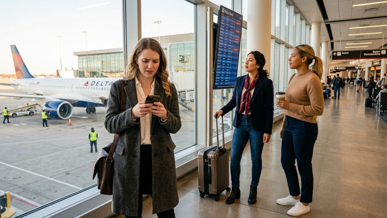 A highly dramatic conceptual image showing a grounded Delta Air Lines aircraft at a crowded airport, representing sudden flight diversions, severe travel chaos, and massive passenger disruptions.