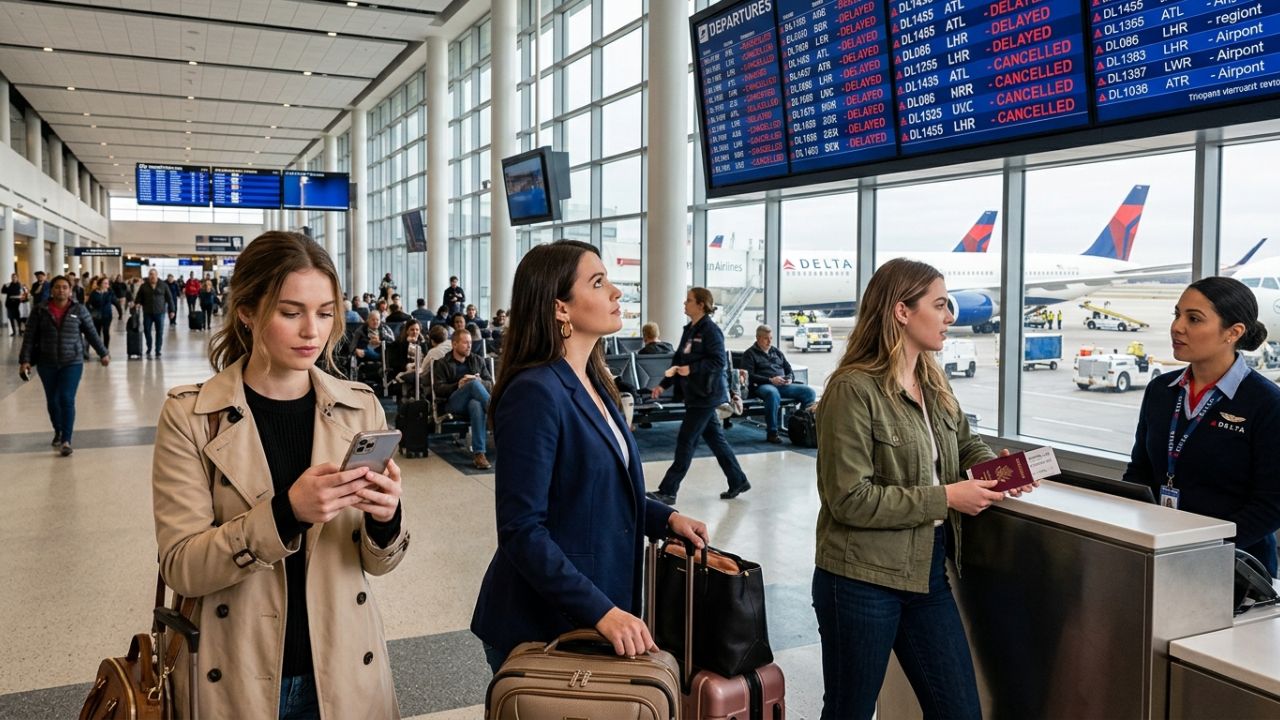 A highly dramatic scene capturing massive passenger panic as severe flight cancellations and massive delays violently sweep across Detroit Metropolitan Airport, paralyzing the Midwestern US hub and sparking intense travel chaos