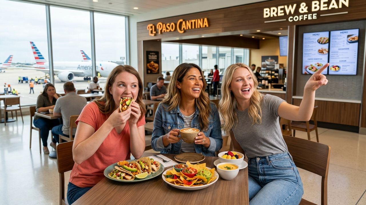 A newly renovated, highly modernized terminal dining concourse at Dallas-Fort Worth International Airport, bustling with relaxed passengers.