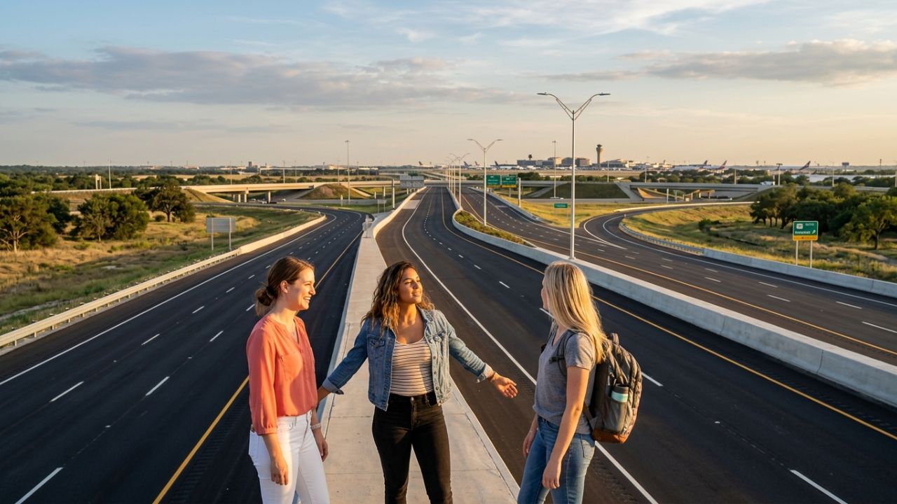 A highly modernized, newly constructed East-West Connector roadway outside Dallas Fort Worth Airport, designed to eliminate ground traffic and travel chaos.
