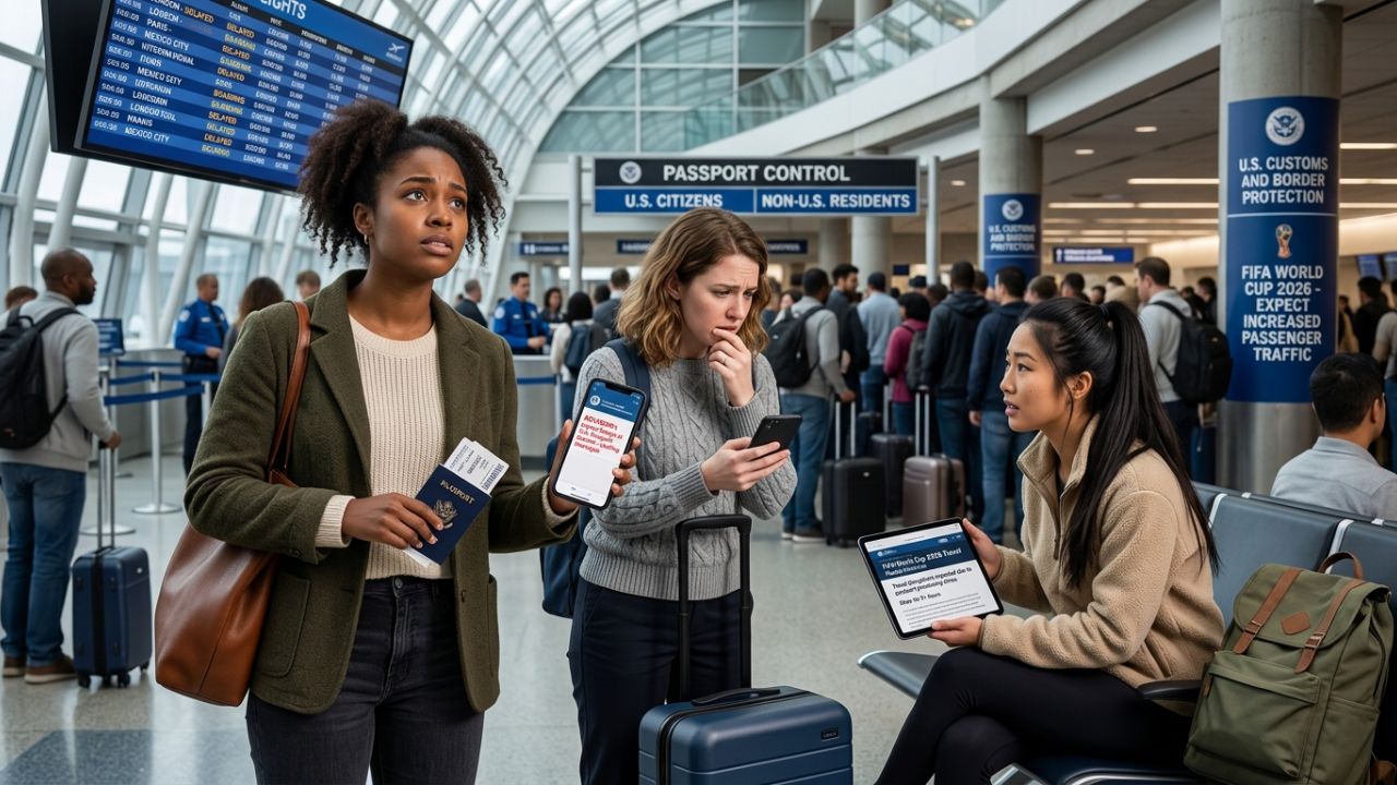 A highly dramatic scene capturing US aviation authorities aggressively battling severe international travel chaos and massive flight cancellations triggered by an extreme DHS customs policy ahead of the 2026 World Cup