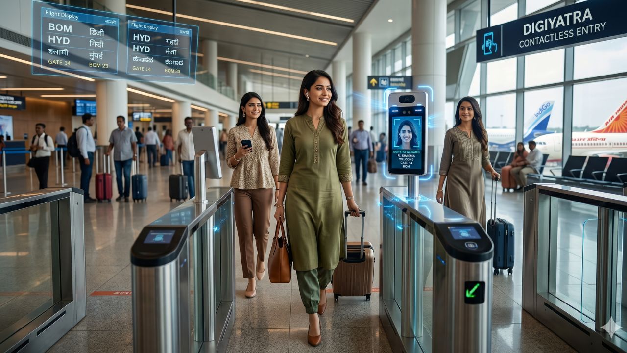 A highly advanced DigiYatra biometric scanning gate at an Indian airport, efficiently processing passengers and actively preventing severe terminal congestion and travel chaos