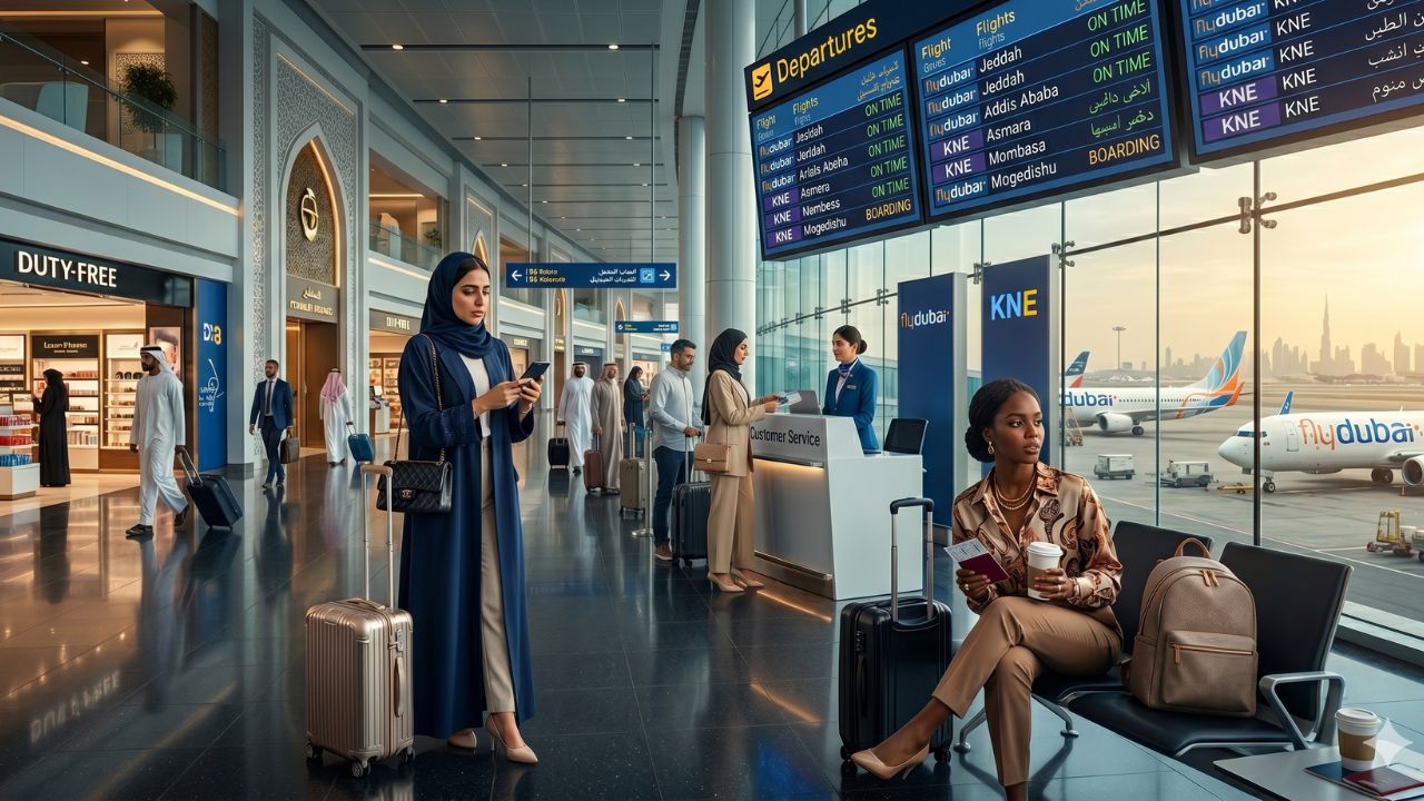 A highly chaotic scene at Dubai International Airport showing desperate crowds of passengers stranded by severe flight cancellations and severed regional connections to East Africa
