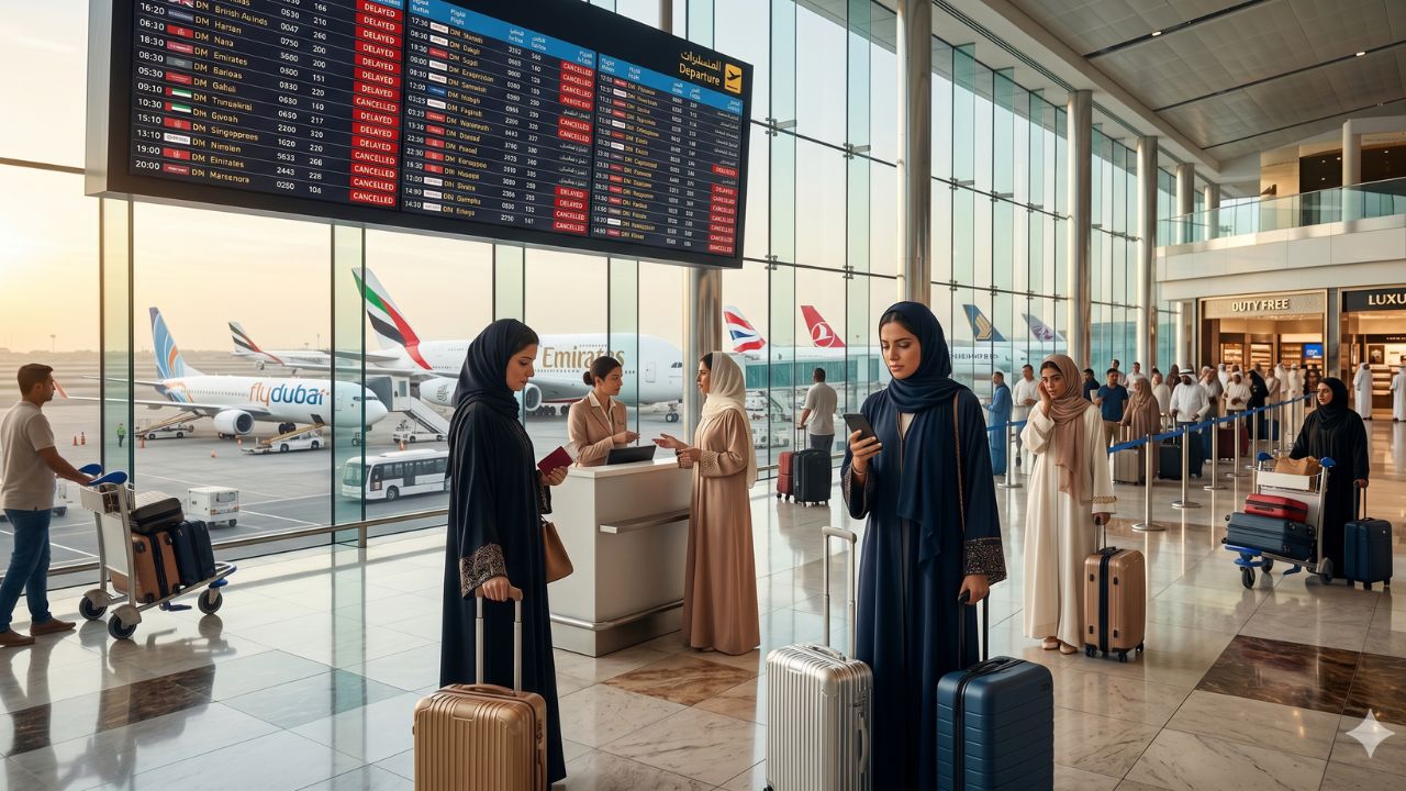 A highly dramatic scene capturing the massive Dubai flight disruptions, specifically focusing on the terrifying international travel chaos and severe terminal gridlock across Dubai International Airport
