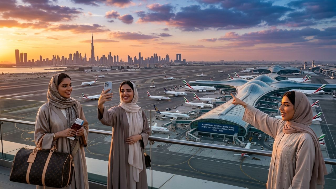 A highly dramatic scene capturing UAE aviation authorities aggressively executing a massive infrastructure expansion at Al Maktoum International Airport to combat severe international travel chaos and bypass congested DXB