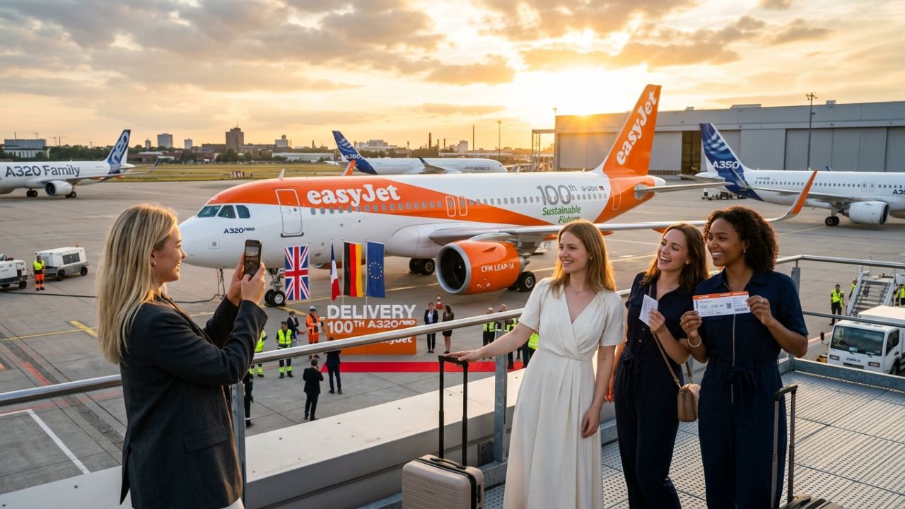 A highly dramatic scene capturing massive passenger relief as easyJet aggressively deploys its 100th Airbus A320neo, violently shielding travelers from terrifying flight cancellations, strict noise curfews, and regional airport disruptions