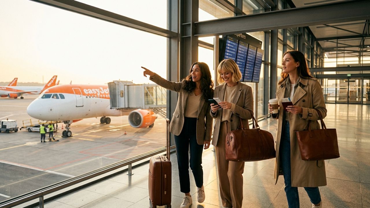 A highly dramatic scene capturing massive passenger relief as easyJet aggressively launches its 100th Airbus NEO aircraft from Hamburg, violently shielding travelers from terrifying flight cancellations and regional airport disruptions