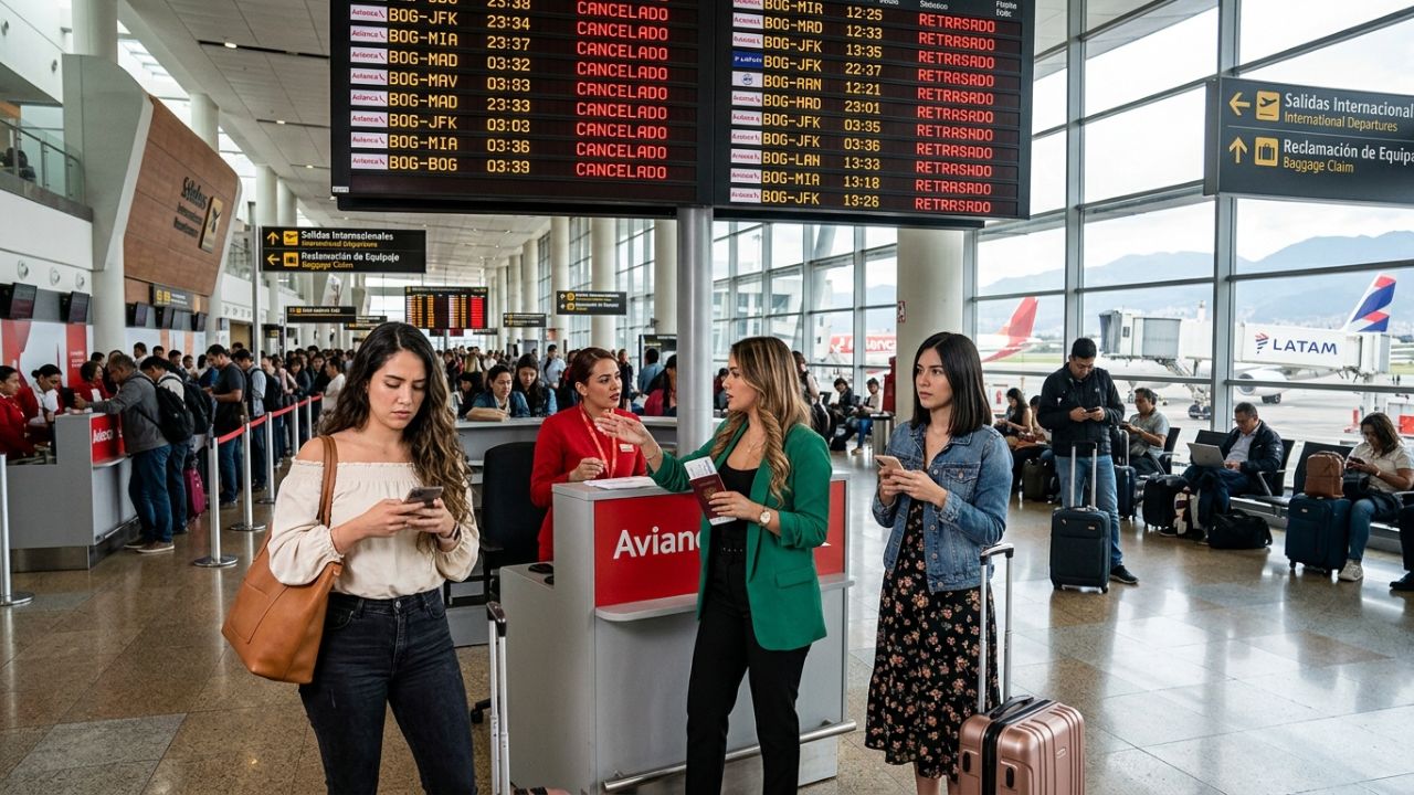 A congested departure board at El Dorado International Airport showing severe travel chaos and Avianca flight cancellations disrupting the Latin American aviation grid
