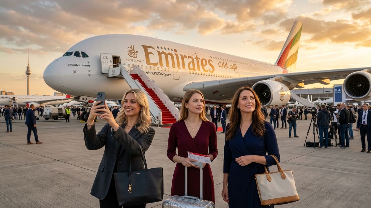 A highly dramatic scene capturing massive passenger relief as Emirates aggressively deploys its massive Airbus A380 at ILA Berlin, violently shielding German travelers from terrifying flight cancellations and regional airport disruptions