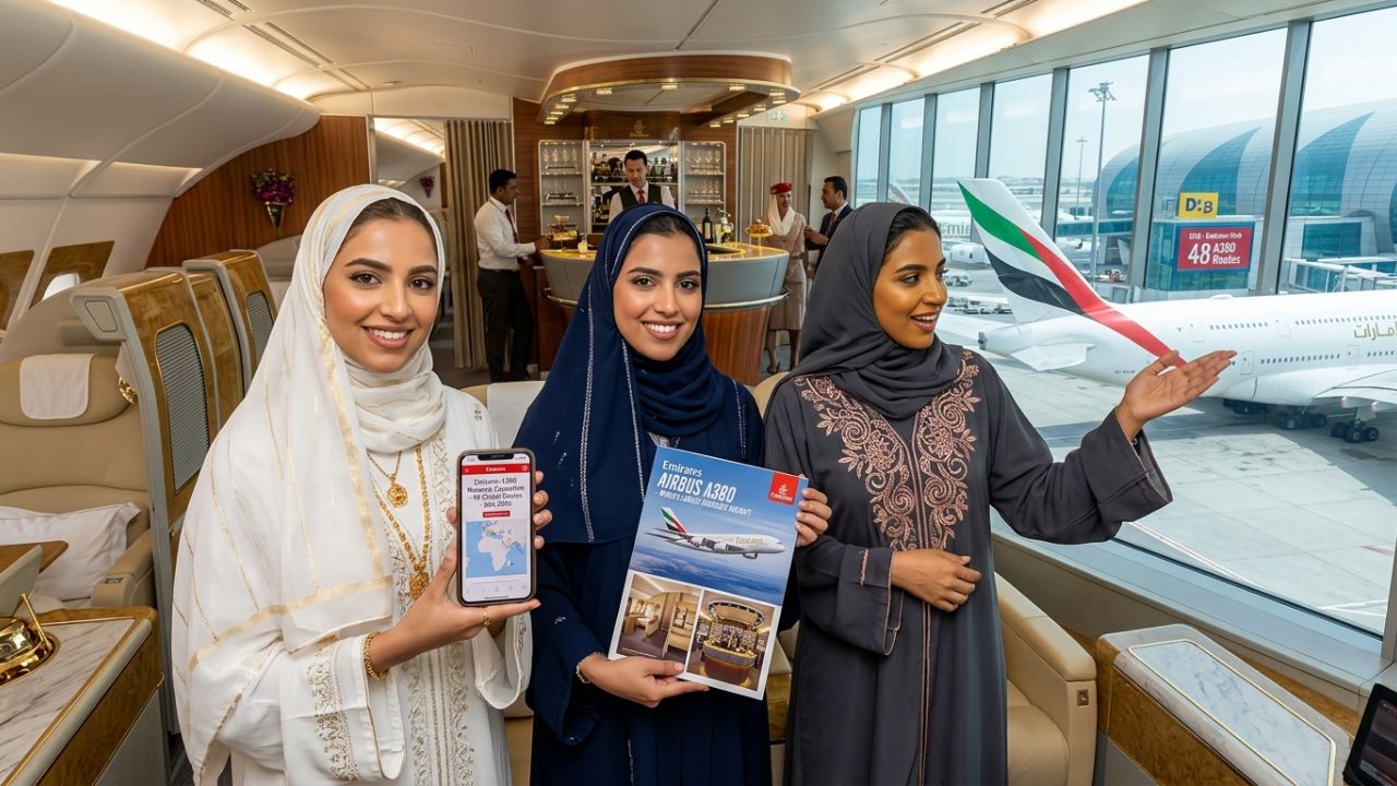 A massive Emirates Airbus A380 in flight, representing the airline's strategic capacity expansion designed to bypass severe global airport disruptions.