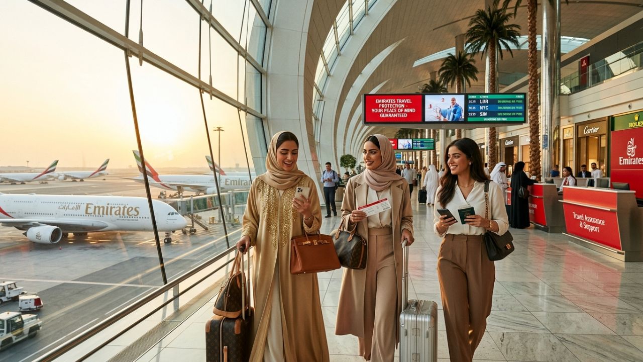 A highly dramatic scene capturing an Emirates Airbus A380 accelerating down a Dubai runway, representing a massive strategic deployment designed to rescue international travelers from severe regional conflict and travel chaos