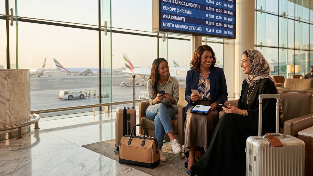 A highly advanced Emirates aircraft flying above massive travel chaos and airport disruptions, symbolizing the airline's impenetrable disruption insurance shield