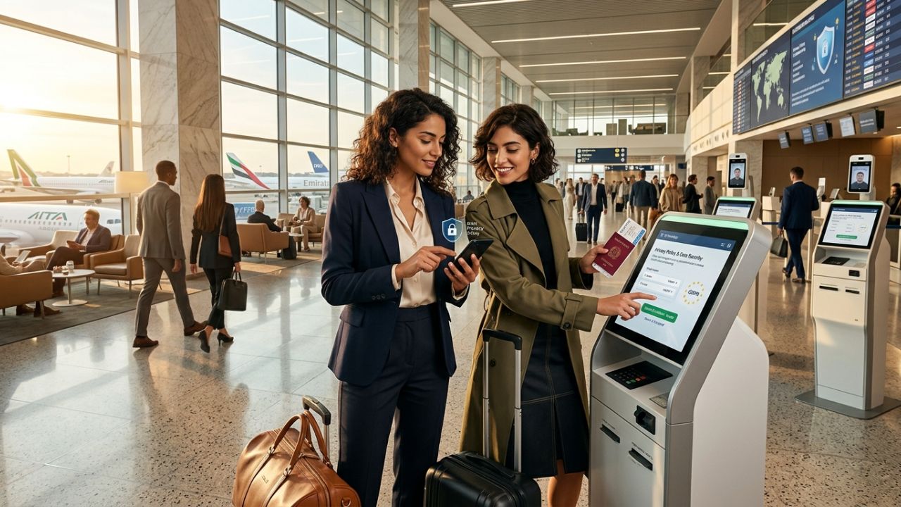 An Emirates wide-body jet arriving in Rome, Italy, as the airline faces a massive European privacy fine over illegal medical data hoarding