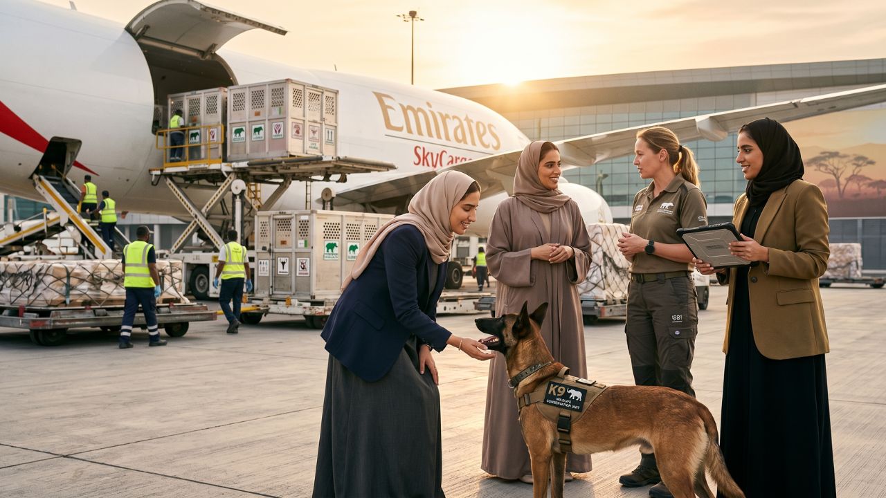 An Emirates SkyCargo widebody freighter rapidly loading a specialized Dogs 4 Wildlife detection unit, bypassing global travel chaos to combat poaching