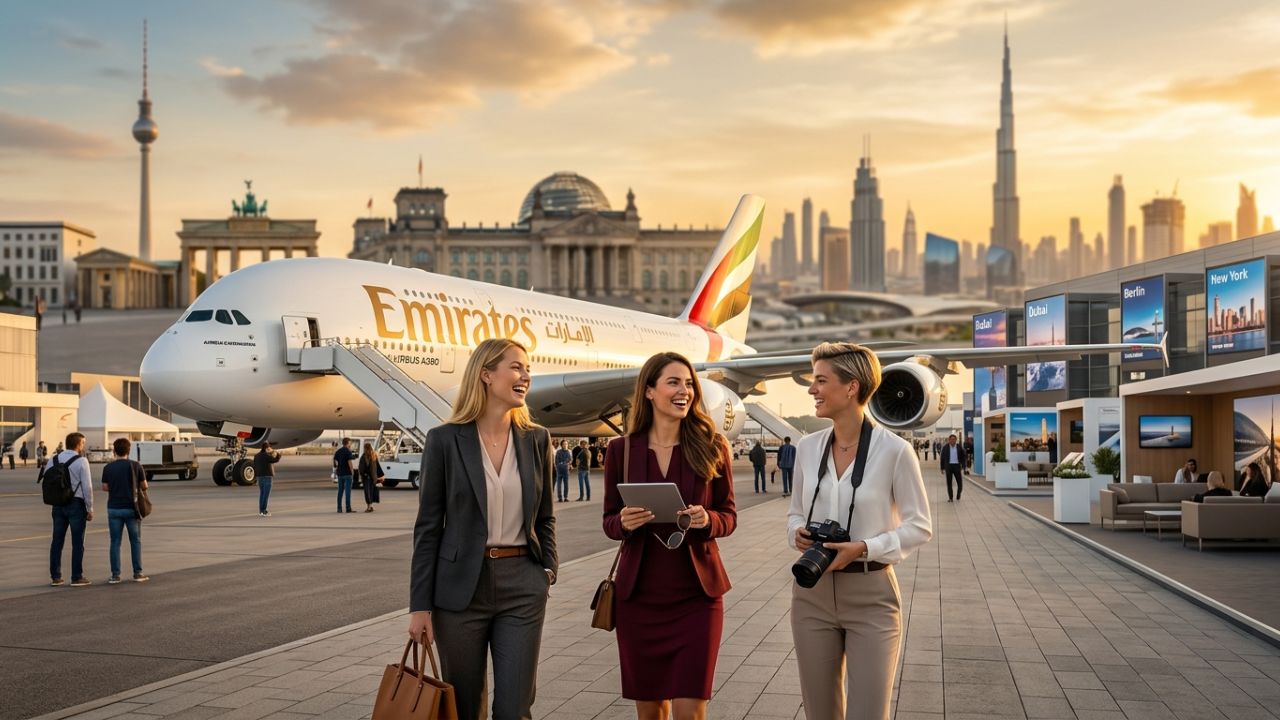 A highly dramatic scene capturing massive passenger relief as Emirates aggressively pushes for direct flights to Berlin and Stuttgart, violently shielding German travelers from terrifying flight cancellations and disconnected regional airport disruptions