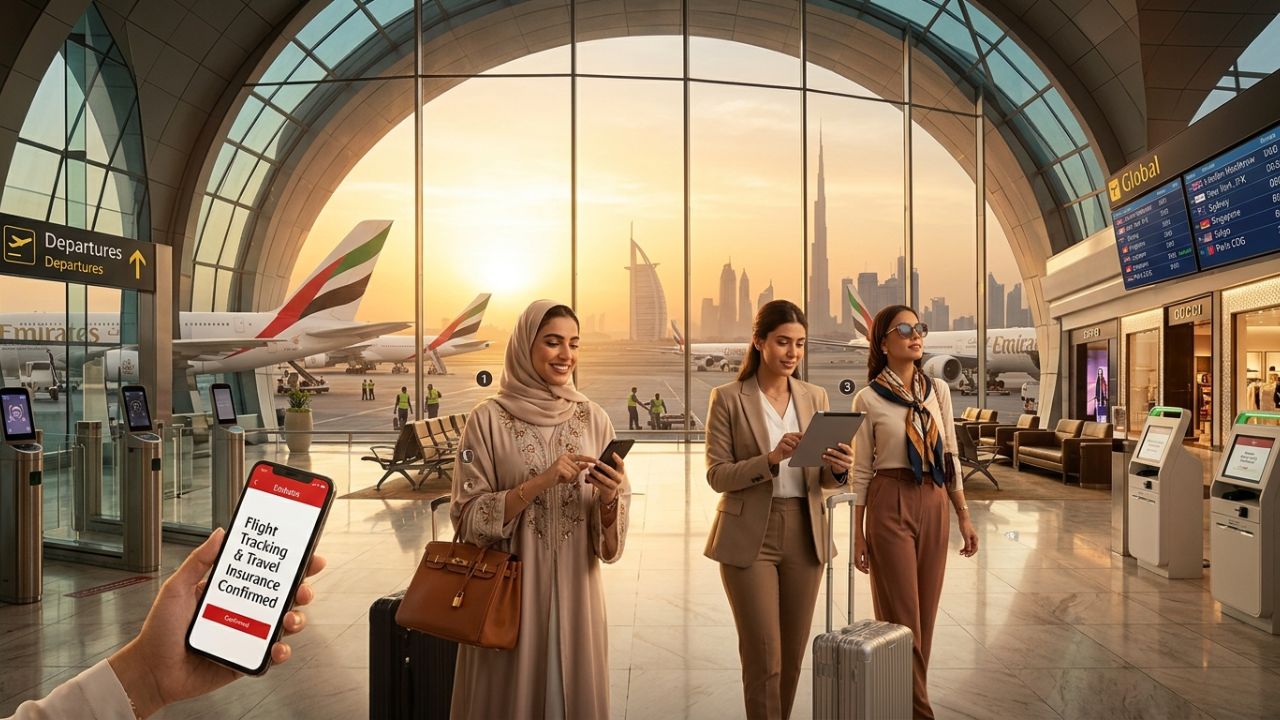 A highly dramatic scene capturing an Emirates aircraft navigating a dark, turbulent sky, representing the airline's massive strategic deployment to rescue stranded passengers from geopolitical airspace closures and extreme travel chaos